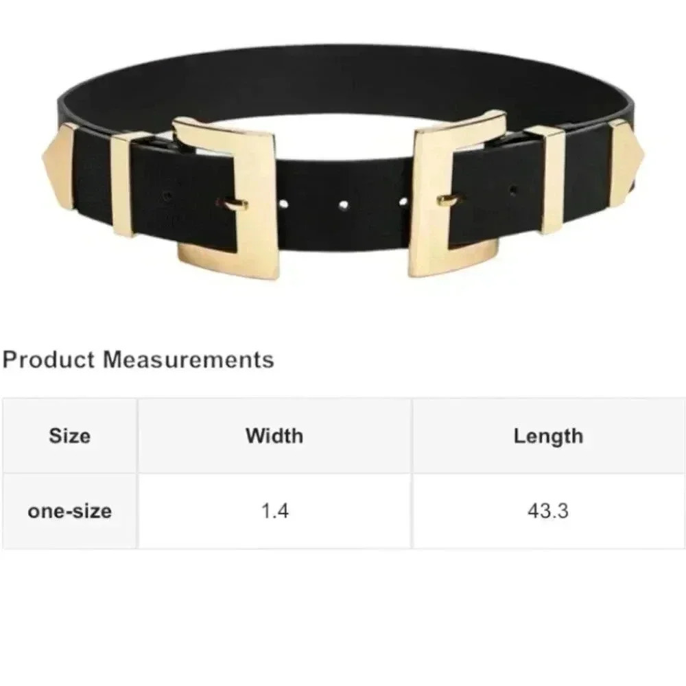 Gold Chunky Double Buckle Black Vegan Leather Wide Waist Corset Belt - Picture 7 of 7